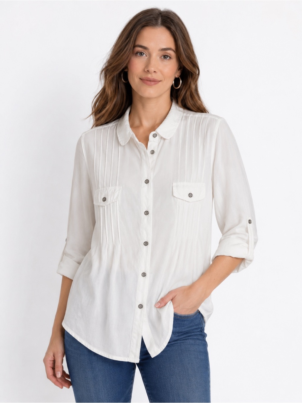 Soft Surroundings White Pintuck Blouse Large Lyocell Button Up Collar Size Large